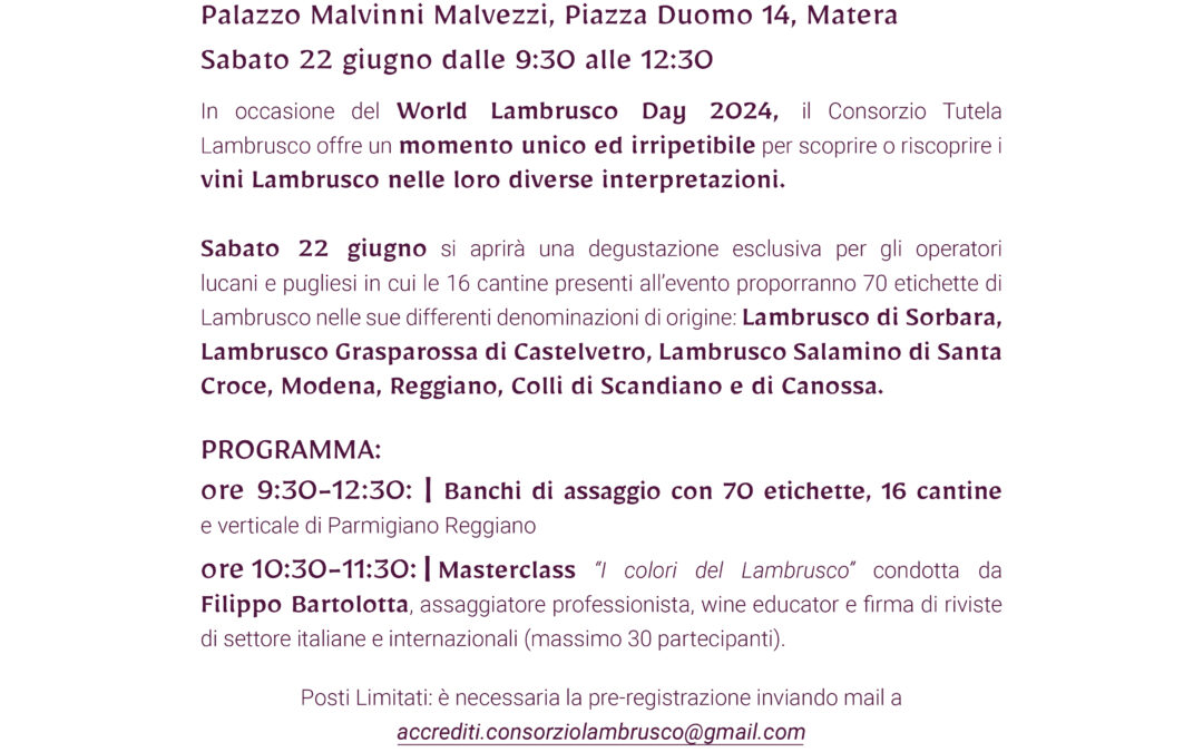 I colori del Lambrusco a Matera: degustazione il 22 giugno nel cuore dei Sassi 