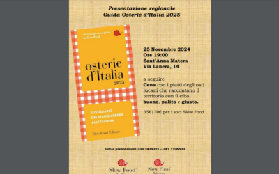 Matera: domani, 25 novembre, presentazione regionale della Guida Slow Food Osterie d’Italia 2025