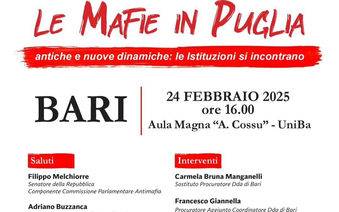 Lunedì 24 febbraio all’Università degli Studi di Bari il saggio di Stefano de Carolis, “L’Infame Legge”, punto di partenza del seminario “Le Mafie in Puglia”