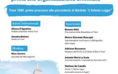 Trani, il 4 novembre incontro dal titolo “Mafia: Fenomeno culturale prima che organizzazione criminale –Trani 1890: primo processo alla picciotteria di Barletta ‘L’Infame Legge’”
