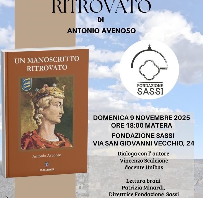 Fondazione Sassi accoglie la presentazione del libro “Un manoscritto ritrovato” di Antonio Avenoso