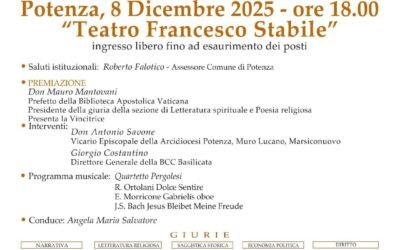 Domani, 8 dicembre, a Potenza cerimonia di premiazione della Sezione di Letteratura spirituale e Poesia religiosa della 54ª edizione del Premio Letterario Basilicata
