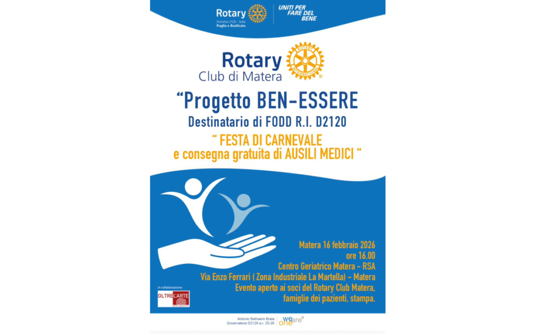 Il 16 febbraio nel Centro Geriatrico RSA Festa di Carnevale e consegna gratuita di ausili medici. L’iniziativa è promossa dal Rotary Club di Matera